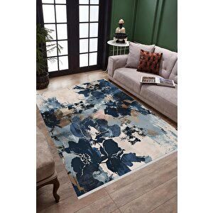 Soyut Çiçek Desenli Halı – Lacivert, Bej Ve Açık Mavi – Modern Sanatsal Tasarım, Makinede Yıkanabilir, Kaymaz Ve İnce Tabanlı 160x350 cm