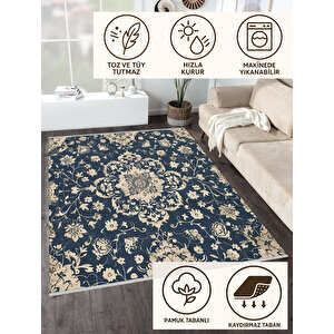 Çiçekli Klasik Halı – Lacivert Ve Krem – Geleneksel Motiflerle Zarif Tasarım, Makinede Yıkanabilir, Kaymaz Ve İnce Tabanlı