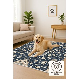 Çiçekli Klasik Halı – Lacivert Ve Krem – Geleneksel Motiflerle Zarif Tasarım, Makinede Yıkanabilir, Kaymaz Ve İnce Tabanlı