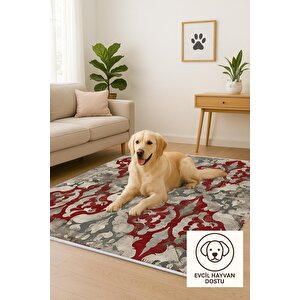 Soyut Desenli Halı – Kırmızı, Gri Ve Bej Tonlar – Geleneksel Formda Modern Yorum, Makinede Yıkanabilir, Toz Tutmaz, Kaymaz Taban, Evcil Hayvan Dostu