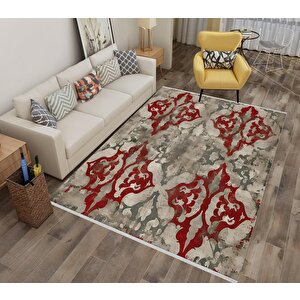 Soyut Desenli Halı – Kırmızı, Gri Ve Bej Tonlar – Geleneksel Formda Modern Yorum, Makinede Yıkanabilir, Toz Tutmaz, Kaymaz Taban, Evcil Hayvan Dostu