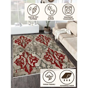 Soyut Desenli Halı – Kırmızı, Gri Ve Bej Tonlar – Geleneksel Formda Modern Yorum, Makinede Yıkanabilir, Toz Tutmaz, Kaymaz Taban, Evcil Hayvan Dostu