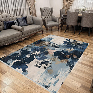 Soyut Çiçek Desenli Halı – Lacivert, Bej Ve Açık Mavi – Modern Sanatsal Tasarım, Makinede Yıkanabilir, Kaymaz Ve İnce Tabanlı 120x180 cm