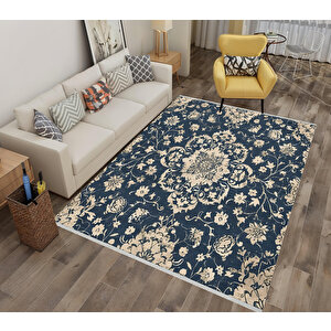 Çiçekli Klasik Halı – Lacivert Ve Krem – Geleneksel Motiflerle Zarif Tasarım, Makinede Yıkanabilir, Kaymaz Ve İnce Tabanlı 200x350 cm