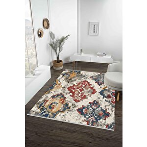 Geleneksel Desenli Halı – Lacivert, Kırmızı Ve Sarı – Canlı Motiflerle Zamansız Stil, Makinede Yıkanabilir, Toz Ve Tüy Tutmaz, Pamuk Dokuma Taban, Kaymaz Yapı 80x150 cm