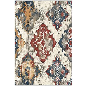 Geleneksel Desenli Halı – Lacivert, Kırmızı Ve Sarı – Canlı Motiflerle Zamansız Stil, Makinede Yıkanabilir, Toz Ve Tüy Tutmaz, Pamuk Dokuma Taban, Kaymaz Yapı 80x150 cm