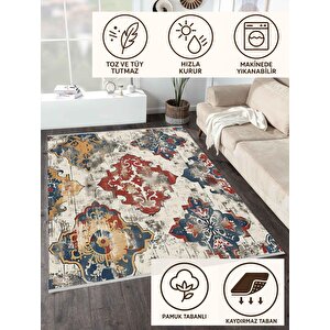 Geleneksel Desenli Halı – Lacivert, Kırmızı Ve Sarı – Canlı Motiflerle Zamansız Stil, Makinede Yıkanabilir, Toz Ve Tüy Tutmaz, Pamuk Dokuma Taban, Kaymaz Yapı 80x150 cm