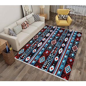 Halı – Siyah; Kırmızı; Mavi – Etnik Desen, Pamuk Dokuma Taban, Makinede Yıkanabilir, Kolay Temizlenebilir, Toz Ve Tüy Tutmaz, Kaymaz, Evcil Hayvan Dostu