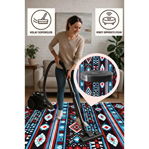 Halı – Siyah; Kırmızı; Mavi – Etnik Desen, Pamuk Dokuma Taban, Makinede Yıkanabilir, Kolay Temizlenebilir, Toz Ve Tüy Tutmaz, Kaymaz, Evcil Hayvan Dostu