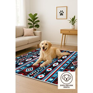 Halı – Siyah; Kırmızı; Mavi – Etnik Desen, Pamuk Dokuma Taban, Makinede Yıkanabilir, Kolay Temizlenebilir, Toz Ve Tüy Tutmaz, Kaymaz, Evcil Hayvan Dostu