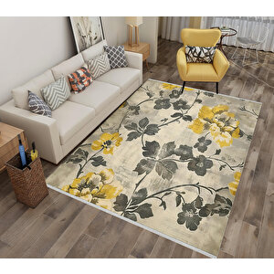 Halı – Sarı; Gri; Krem – Floral Desen, Pamuk Dokuma Taban, Makinede Yıkanabilir, Kolay Temizlenebilir, Toz Ve Tüy Tutmaz, Kaymaz, Evcil Hayvan Dostu 150x240 cm