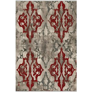 Soyut Desenli Halı – Kırmızı, Gri Ve Bej Tonlar – Geleneksel Formda Modern Yorum, Makinede Yıkanabilir, Toz Tutmaz, Kaymaz Taban, Evcil Hayvan Dostu 200x220 cm