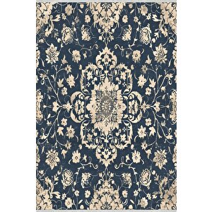 Çiçekli Klasik Halı – Lacivert Ve Krem – Geleneksel Motiflerle Zarif Tasarım, Makinede Yıkanabilir, Kaymaz Ve İnce Tabanlı 80x150 cm