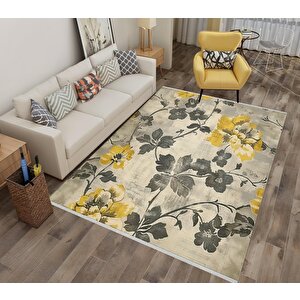 Halı – Sarı; Gri; Krem – Floral Desen, Pamuk Dokuma Taban, Makinede Yıkanabilir, Kolay Temizlenebilir, Toz Ve Tüy Tutmaz, Kaymaz, Evcil Hayvan Dostu 80x150 cm