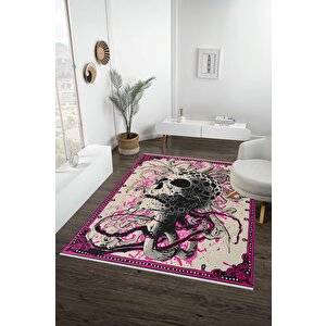 Parlak Pembe Detaylı Asi Tasarım Halı – Yıkanabilir Pamuk Taban, Kafatası Ve Ahtapot İllüstrasyonu 120x270 cm