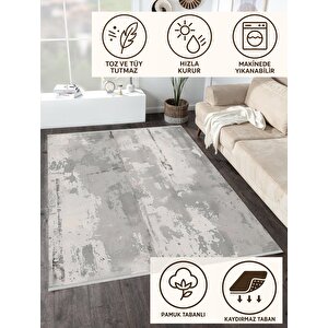 Soyut Desenli Halı – Gri Ve Beyaz – Yıpranmış Beton Efektli Modern Tasarım, Makinede Yıkanabilir, Pamuk Taban, Toz Ve Tüy Tutmaz, Robot Süpürge Uyumlu 180x200 cm