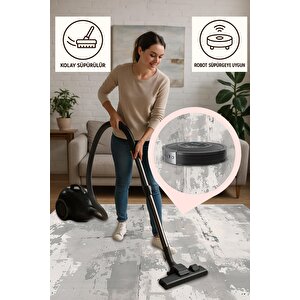 Soyut Desenli Halı – Gri Ve Beyaz – Yıpranmış Beton Efektli Modern Tasarım, Makinede Yıkanabilir, Pamuk Taban, Toz Ve Tüy Tutmaz, Robot Süpürge Uyumlu