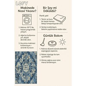 Medallion Desenli Klasik Halı – Lacivert Ve Krem – Geleneksel Saray Motifli Tasarım, Makinede Yıkanabilir, Kaymaz Ve İnce Tabanlı