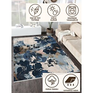 Soyut Çiçek Desenli Halı – Lacivert, Bej Ve Açık Mavi – Modern Sanatsal Tasarım, Makinede Yıkanabilir, Kaymaz Ve İnce Tabanlı