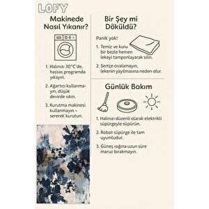 Soyut Çiçek Desenli Halı – Lacivert, Bej Ve Açık Mavi – Modern Sanatsal Tasarım, Makinede Yıkanabilir, Kaymaz Ve İnce Tabanlı