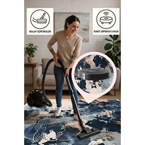 Soyut Çiçek Desenli Halı – Lacivert, Bej Ve Açık Mavi – Modern Sanatsal Tasarım, Makinede Yıkanabilir, Kaymaz Ve İnce Tabanlı