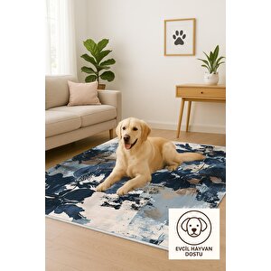 Soyut Çiçek Desenli Halı – Lacivert, Bej Ve Açık Mavi – Modern Sanatsal Tasarım, Makinede Yıkanabilir, Kaymaz Ve İnce Tabanlı