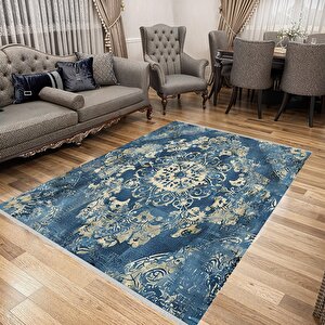 Medallion Desenli Klasik Halı – Lacivert Ve Krem – Geleneksel Saray Motifli Tasarım, Makinede Yıkanabilir, Kaymaz Ve İnce Tabanlı 100x180 cm