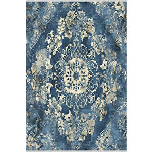 Medallion Desenli Klasik Halı – Lacivert Ve Krem – Geleneksel Saray Motifli Tasarım, Makinede Yıkanabilir, Kaymaz Ve İnce Tabanlı 100x180 cm