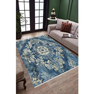 Medallion Desenli Klasik Halı – Lacivert Ve Krem – Geleneksel Saray Motifli Tasarım, Makinede Yıkanabilir, Kaymaz Ve İnce Tabanlı 100x180 cm