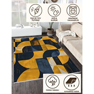Halı – Lacivert; Sarı – Geometrik Desen, Pamuk Dokuma Taban, Makinede Yıkanabilir, Kolay Temizlenebilir, Toz Ve Tüy Tutmaz, Kaymaz, Evcil Hayvan Dostu