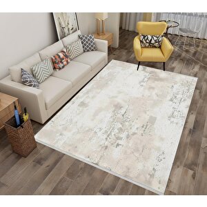 Modern Soyut Desenli Halı – Krem Ve Açık Gri – Minimal Tasarım, Makinede Yıkanabilir, Kolay Temizlenebilir, Kaymaz Taban, Pamuk Dokuma Taban, Evcil Hayvan Dostu 80x150 cm
