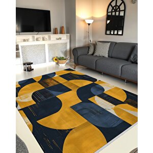Halı – Lacivert; Sarı – Geometrik Desen, Pamuk Dokuma Taban, Makinede Yıkanabilir, Kolay Temizlenebilir, Toz Ve Tüy Tutmaz, Kaymaz, Evcil Hayvan Dostu 80x150 cm