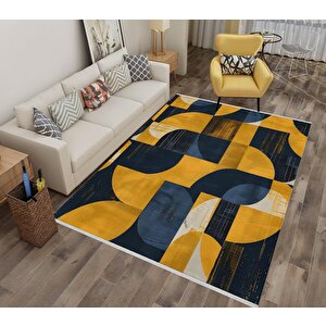Halı – Lacivert; Sarı – Geometrik Desen, Pamuk Dokuma Taban, Makinede Yıkanabilir, Kolay Temizlenebilir, Toz Ve Tüy Tutmaz, Kaymaz, Evcil Hayvan Dostu 120x270 cm