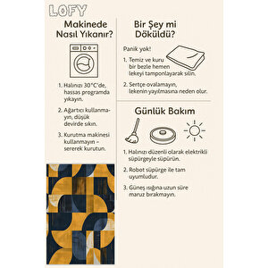 Halı – Lacivert; Sarı – Geometrik Desen, Pamuk Dokuma Taban, Makinede Yıkanabilir, Kolay Temizlenebilir, Toz Ve Tüy Tutmaz, Kaymaz, Evcil Hayvan Dostu