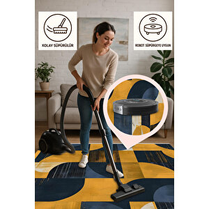 Halı – Lacivert; Sarı – Geometrik Desen, Pamuk Dokuma Taban, Makinede Yıkanabilir, Kolay Temizlenebilir, Toz Ve Tüy Tutmaz, Kaymaz, Evcil Hayvan Dostu