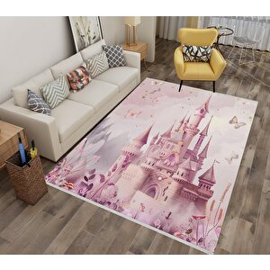 Peri Masalı Şato Halı – Pembe Ve Lila –  Çocuk Odası Halısı, Makinede Yıkanabilir, Kaymaz Ve İnce Tabanlı 180x270 cm