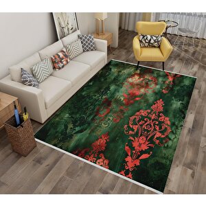 Barok Desenli Halı – Yeşil Ve Kırmızı Tonlar – Canlı Renk Geçişleri, Makinede Yıkanabilir, Kaymaz Taban, Toz Tutmaz, Evcil Hayvan Dostu