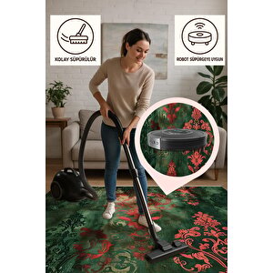 Barok Desenli Halı – Yeşil Ve Kırmızı Tonlar – Canlı Renk Geçişleri, Makinede Yıkanabilir, Kaymaz Taban, Toz Tutmaz, Evcil Hayvan Dostu
