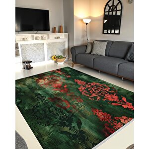 Barok Desenli Halı – Yeşil Ve Kırmızı Tonlar – Canlı Renk Geçişleri, Makinede Yıkanabilir, Kaymaz Taban, Toz Tutmaz, Evcil Hayvan Dostu 160x350 cm