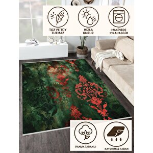 Barok Desenli Halı – Yeşil Ve Kırmızı Tonlar – Canlı Renk Geçişleri, Makinede Yıkanabilir, Kaymaz Taban, Toz Tutmaz, Evcil Hayvan Dostu 160x350 cm