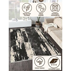 Halı – Siyah; Fildişi – Soyut Desen, Pamuk Dokuma Taban, Makinede Yıkanabilir, Kolay Temizlenebilir, Toz Ve Tüy Tutmaz, Kaymaz, Evcil Hayvan Dostu