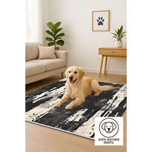 Halı – Siyah; Fildişi – Soyut Desen, Pamuk Dokuma Taban, Makinede Yıkanabilir, Kolay Temizlenebilir, Toz Ve Tüy Tutmaz, Kaymaz, Evcil Hayvan Dostu