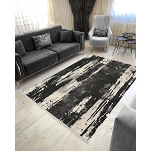 Halı – Siyah; Fildişi – Soyut Desen, Pamuk Dokuma Taban, Makinede Yıkanabilir, Kolay Temizlenebilir, Toz Ve Tüy Tutmaz, Kaymaz, Evcil Hayvan Dostu 100x100 cm