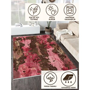 Soyut Desenli Modern Halı – Pembe, Kahverengi Ve Bej Tonlar – Makinede Yıkanabilir, Toz Tutmaz, Kaymaz Taban, Evcil Hayvan Dostu