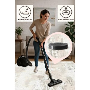 Modern Soyut Desenli Halı – Krem Ve Açık Gri – Minimal Tasarım, Makinede Yıkanabilir, Kolay Temizlenebilir, Kaymaz Taban, Pamuk Dokuma Taban, Evcil Hayvan Dostu