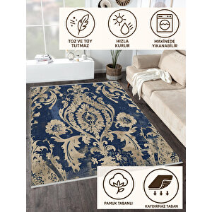Barok Desenli Klasik Halı – Lacivert Ve Bej –  Damask Motif, Makinede Yıkanabilir, Kaymaz Ve İnce Tabanlı
