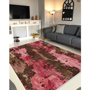 Soyut Desenli Modern Halı – Pembe, Kahverengi Ve Bej Tonlar – Makinede Yıkanabilir, Toz Tutmaz, Kaymaz Taban, Evcil Hayvan Dostu