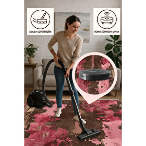 Soyut Desenli Modern Halı – Pembe, Kahverengi Ve Bej Tonlar – Makinede Yıkanabilir, Toz Tutmaz, Kaymaz Taban, Evcil Hayvan Dostu