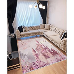 Peri Masalı Şato Halı – Pembe Ve Lila –  Çocuk Odası Halısı, Makinede Yıkanabilir, Kaymaz Ve İnce Tabanlı 150x240 cm