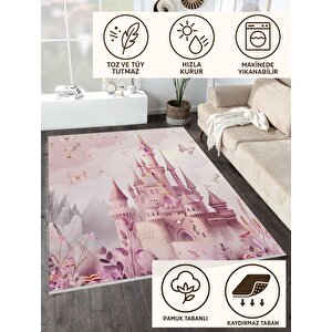 Peri Masalı Şato Halı – Pembe Ve Lila –  Çocuk Odası Halısı, Makinede Yıkanabilir, Kaymaz Ve İnce Tabanlı